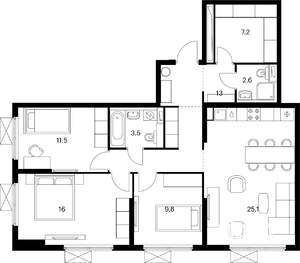 3-к квартира, вторичка, 89м2, 15/25 этаж