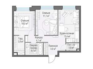 2-к квартира, строящийся дом, 54м2, 16/17 этаж