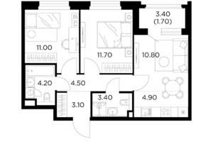 3-к квартира, строящийся дом, 55м2, 16/23 этаж