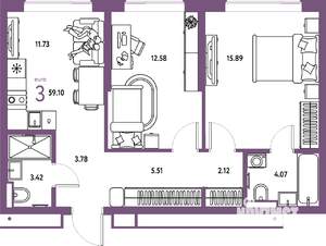 3-к квартира, строящийся дом, 59м2, 11/25 этаж
