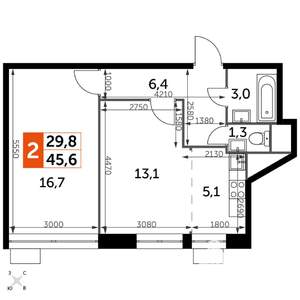 2-к квартира, строящийся дом, 46м2, 10/22 этаж