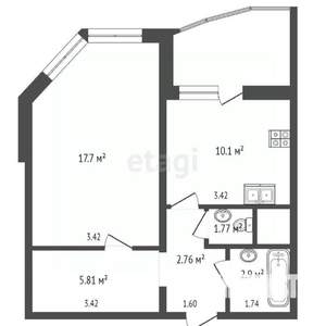 1-к квартира, вторичка, 46м2, 7/25 этаж