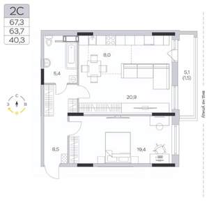 2-к квартира, вторичка, 64м2, 2/9 этаж
