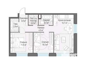 2-к квартира, строящийся дом, 58м2, 14/20 этаж