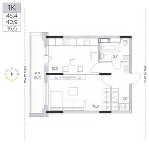 1-к квартира, строящийся дом, 41м2, 6/9 этаж