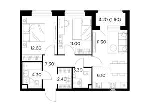 3-к квартира, строящийся дом, 60м2, 12/12 этаж
