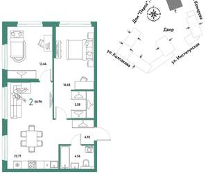 2-к квартира, вторичка, 67м2, 22/6 этаж