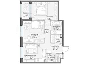 2-к квартира, строящийся дом, 55м2, 12/17 этаж