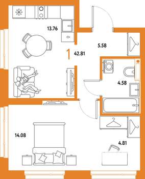 1-к квартира, строящийся дом, 43м2, 3/25 этаж
