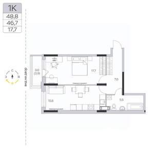 1-к квартира, строящийся дом, 47м2, 2/9 этаж