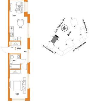 1-к квартира, вторичка, 42м2, 5/6 этаж