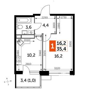 1-к квартира, строящийся дом, 35м2, 20/22 этаж