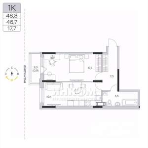 1-к квартира, вторичка, 47м2, 4/9 этаж