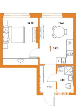 1-к квартира, строящийся дом, 35м2, 5/25 этаж