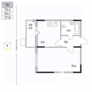 1-к квартира, вторичка, 38м2, 3/9 этаж