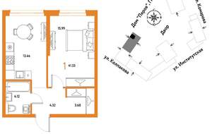 1-к квартира, вторичка, 42м2, 13/6 этаж