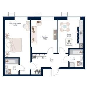 2-к квартира, строящийся дом, 63м2, 8/21 этаж