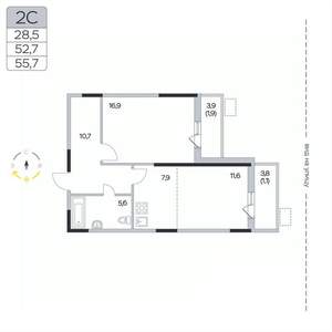 2-к квартира, вторичка, 56м2, 4/9 этаж