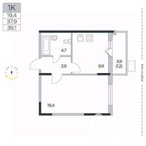 1-к квартира, вторичка, 39м2, 2/9 этаж