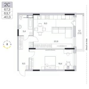 2-к квартира, строящийся дом, 64м2, 6/9 этаж