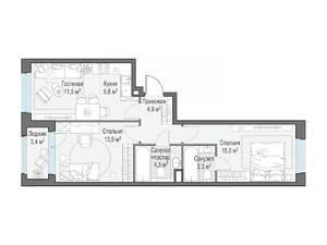2-к квартира, строящийся дом, 59м2, 19/23 этаж