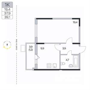 1-к квартира, вторичка, 39м2, 4/9 этаж