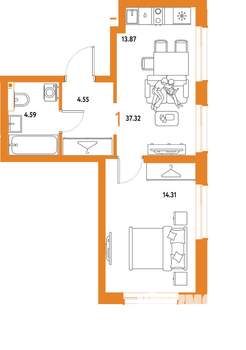 1-к квартира, строящийся дом, 37м2, 16/25 этаж