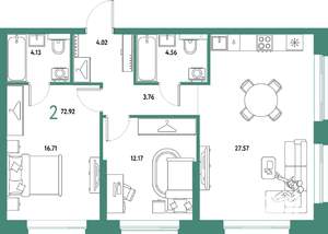 2-к квартира, строящийся дом, 73м2, 22/25 этаж