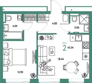 2-к квартира, строящийся дом, 43м2, 2/25 этаж
