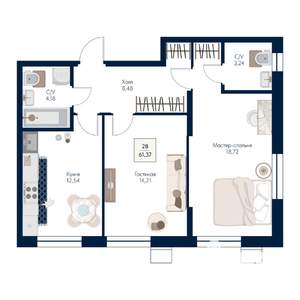 2-к квартира, строящийся дом, 61м2, 8/21 этаж