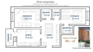2-к квартира, вторичка, 69м2, -1/14 этаж