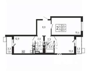 2-к квартира, вторичка, 66м2, 7/9 этаж