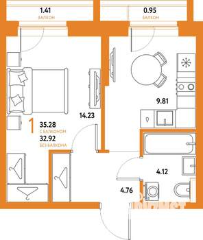 1-к квартира, строящийся дом, 35м2, 7/25 этаж