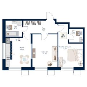2-к квартира, строящийся дом, 56м2, 8/21 этаж