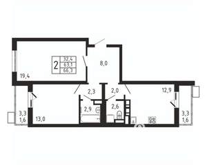 2-к квартира, вторичка, 66м2, 2/9 этаж