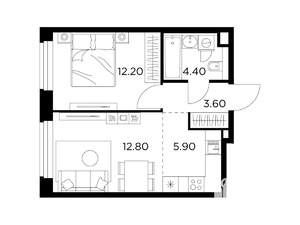 2-к квартира, строящийся дом, 39м2, 17/20 этаж