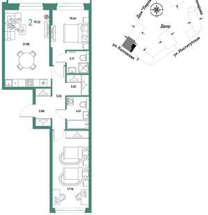 2-к квартира, вторичка, 70м2, 13/6 этаж
