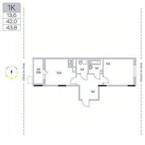 1-к квартира, вторичка, 44м2, 4/9 этаж