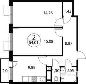 2-к квартира, строящийся дом, 54м2, 1/4 этаж
