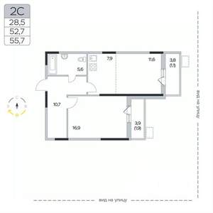 2-к квартира, вторичка, 56м2, 2/9 этаж