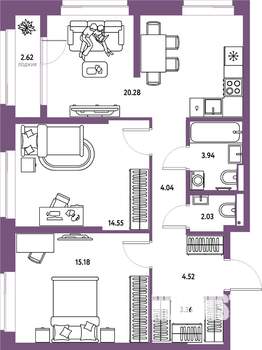 3-к квартира, строящийся дом, 71м2, 21/25 этаж