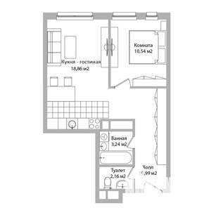 2-к квартира, строящийся дом, 46м2, 16/16 этаж