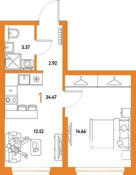 1-к квартира, строящийся дом, 34м2, 13/25 этаж