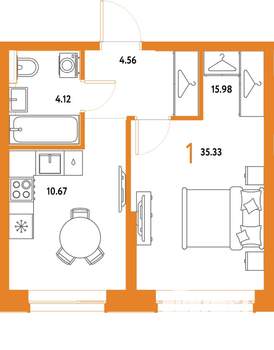 1-к квартира, строящийся дом, 35м2, 15/25 этаж