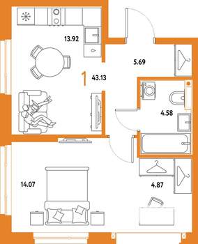 1-к квартира, вторичка, 43м2, 15/25 этаж