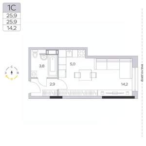 Студия квартира, строящийся дом, 26м2, 7/9 этаж