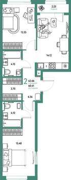 2-к квартира, строящийся дом, 63м2, 12/25 этаж