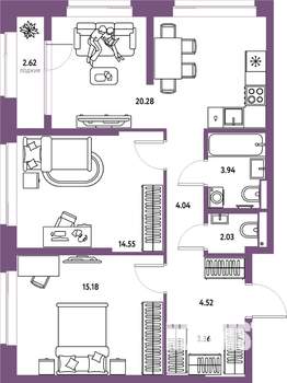 3-к квартира, строящийся дом, 71м2, 19/25 этаж