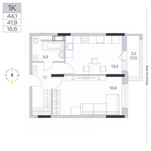 1-к квартира, строящийся дом, 42м2, 8/9 этаж