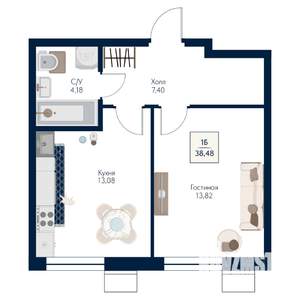 1-к квартира, строящийся дом, 38м2, 8/21 этаж